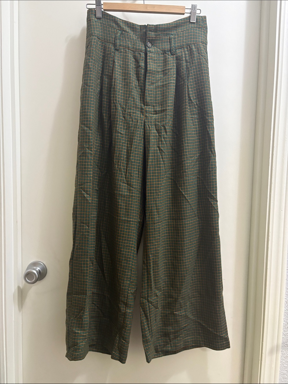 Cider Olive Green Plaid Wide-Leg Pants
